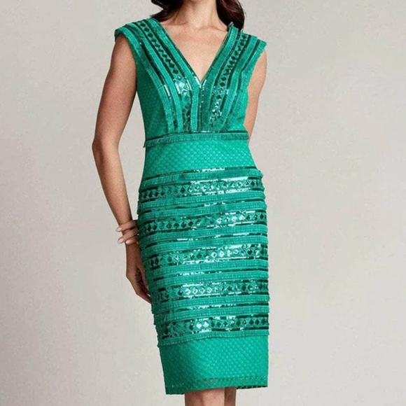 Tadashi Shoji Green Sequin Fringe V-Neck Dress - Picture 1 of 5